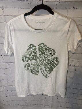 Lucky Brand White Tee with Green Word-Art Shamrock